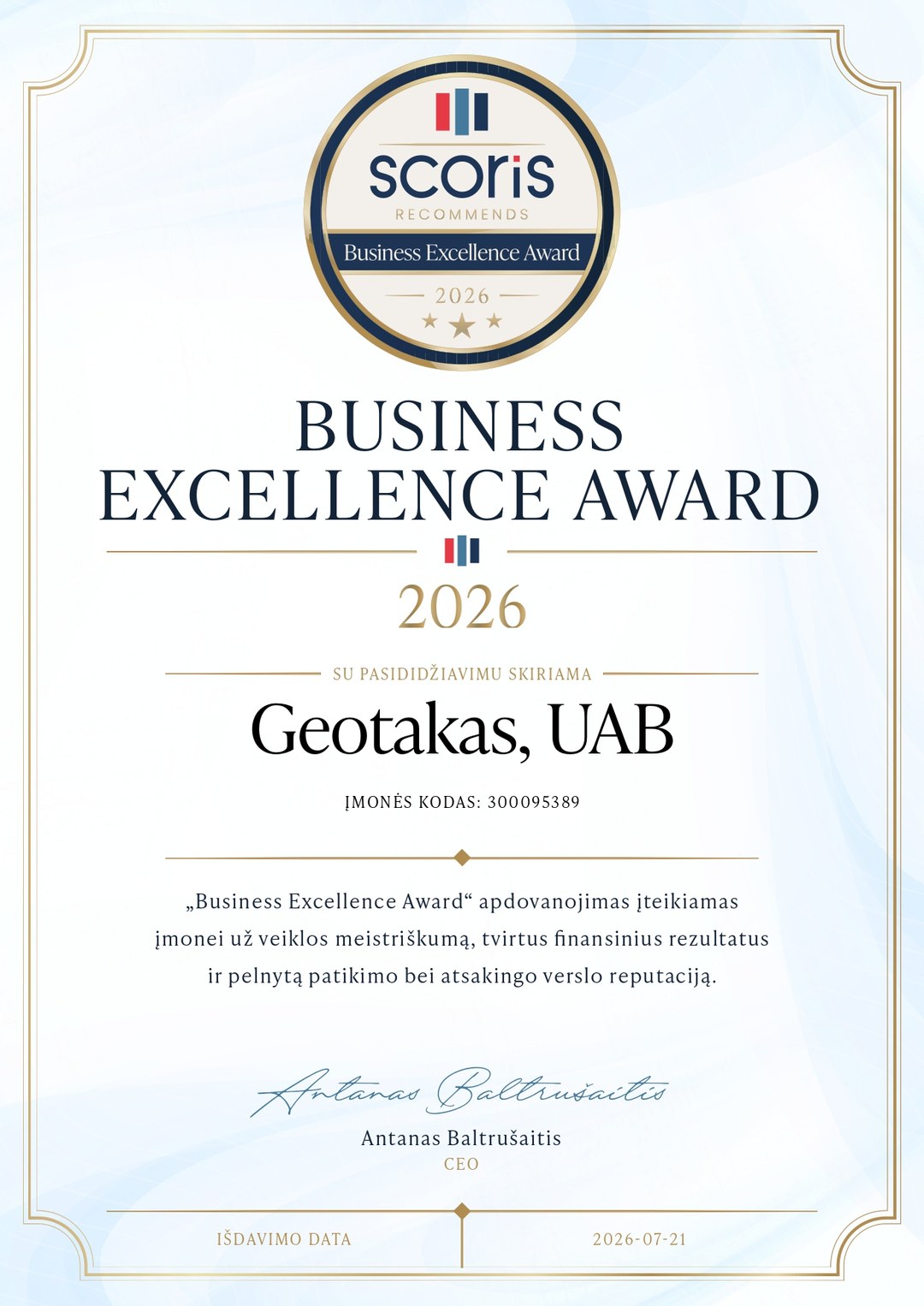 UAB Geotakas Business Excellence Award 2026 sertifikatas